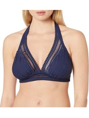 Robin Piccone Sophia Crochet Halter Bikini Set Navy Blue Medium